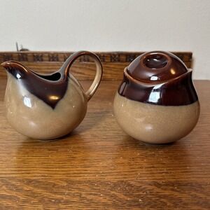 Sango Nova Brown Glaze Pottery Cream and Covered Sugar Bowl Set #4933